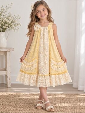 Isobella & Chloe Cream and Yellow Lace Ruffle Sundress